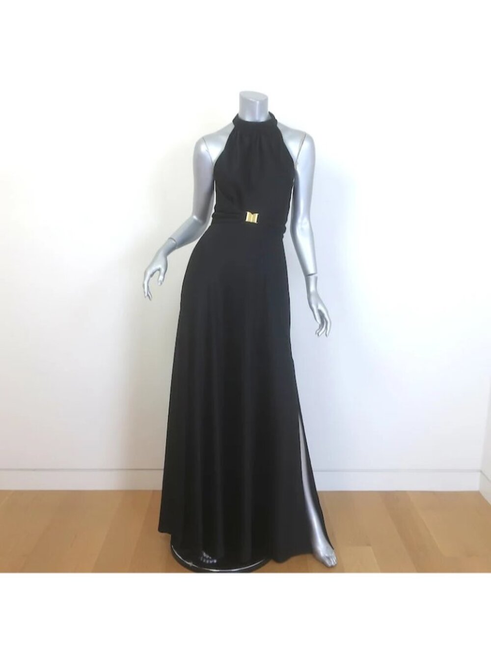 ME+EM Beautifully Draped Belted Halter Gown Black Fluid Satin Size US 2 NEW